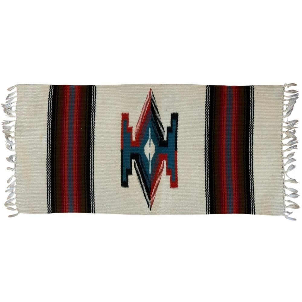 Vintage Chimayo Wool Handwoven Weaving Small Mat Table Runner Southwest Fringed